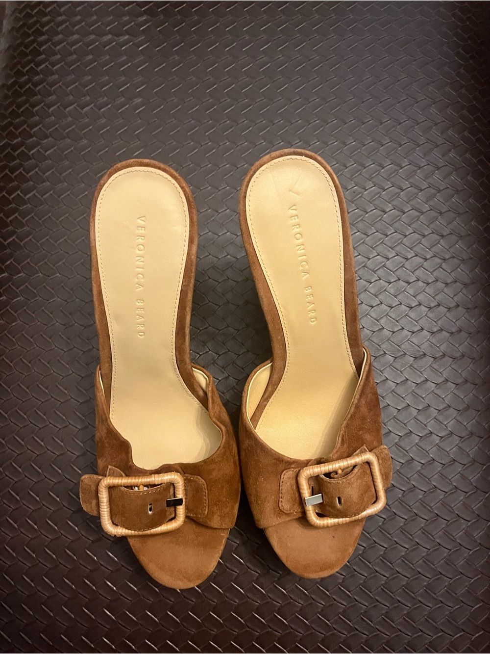 Veronica Beard Tan Suede Buckle Wedge Sandal Heels 9.5